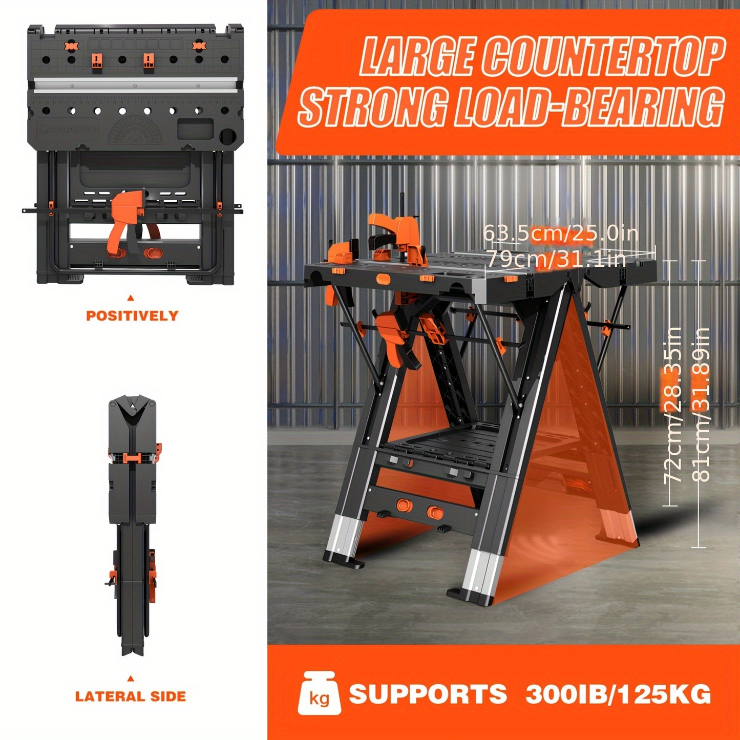 Black Folding 31 x 25-Inch Workbench and Sawhorse with Clamps, Connecting Blocks and Carry Handle