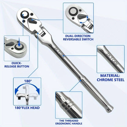 Swivel Head Ratchet Wrench Set – Spring-Loaded Flex Head 1/4" 3/8" 1/2" Drive with Extension Bar, Single or Multi-Pack for Auto & Mechanical