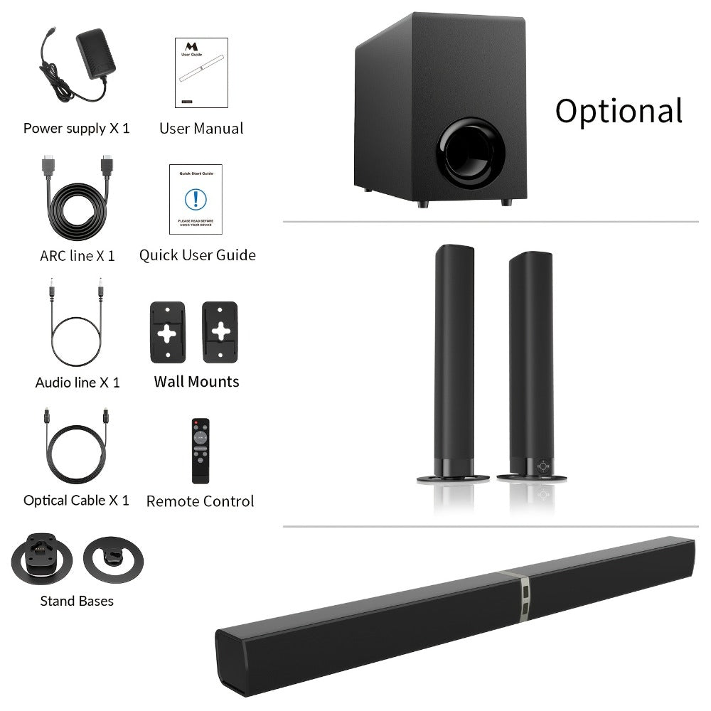 Detachable 31.5-Inch TV Soundbar with Remote, ARC, Optical and AUX Connections and Subwoofer Options