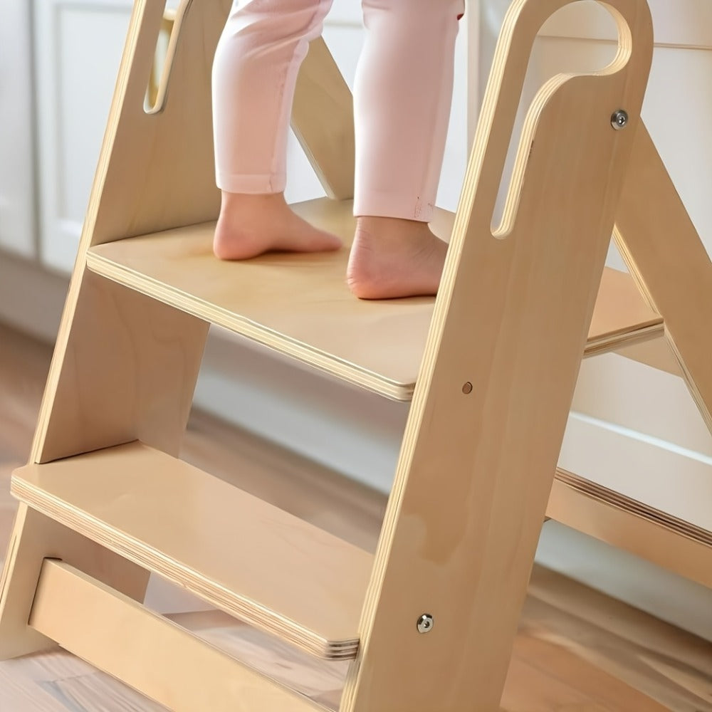 Natural Wood Two-Step Folding A-Frame Stool, 16 x 17 x 22 Inches with Carry Openings and Two Wide Steps