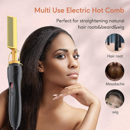 Electric Hot Comb Hair Straightener with Gold Titanium-Alloy Teeth, Detachable Guard and Adjustable Heat Controls