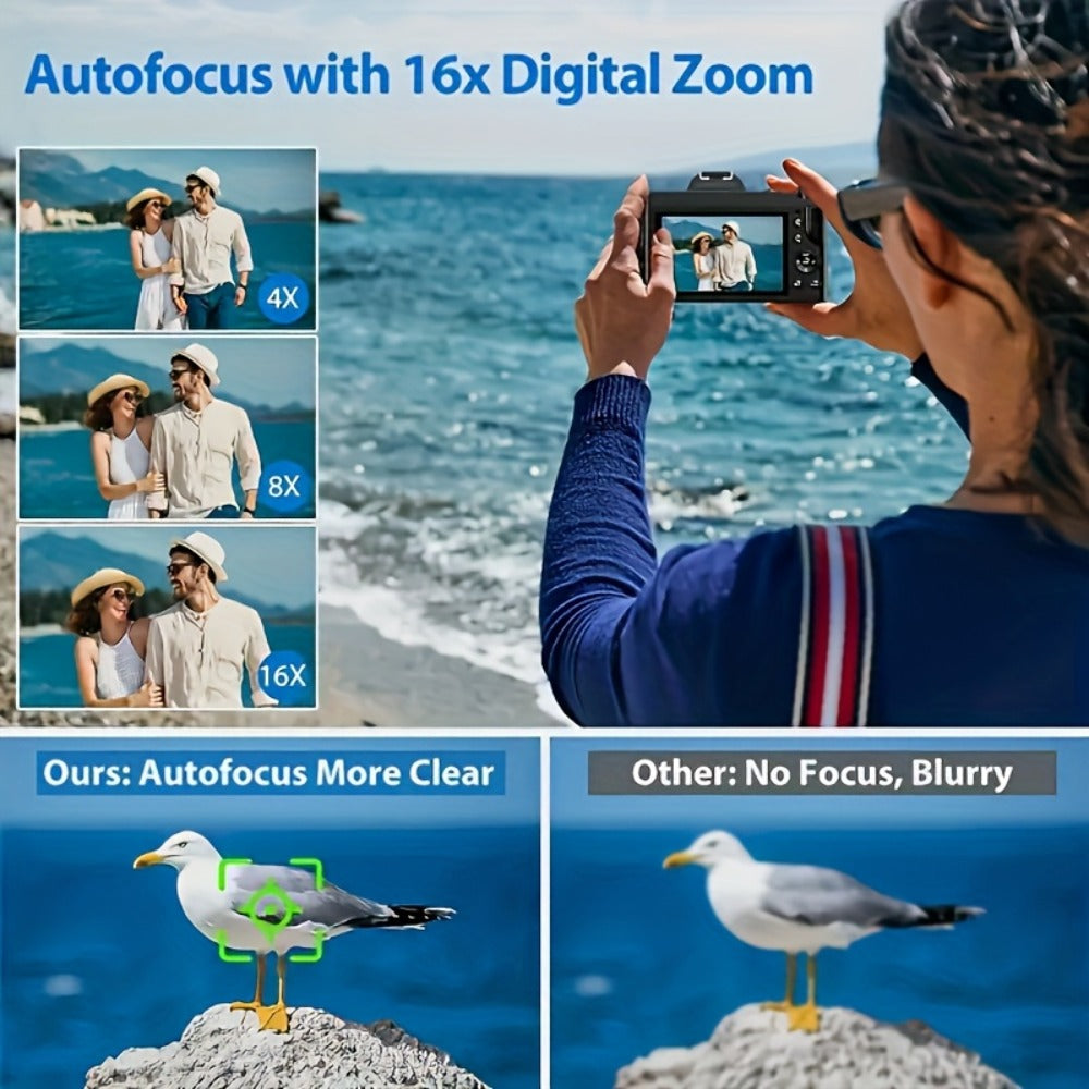 1080P Mini Digital Camera for Photography Vlogging 2.4" LCD 16x Zoom 9.88mm Wide-Angle Lens Compact Travel Camera with 32GB Memory Card