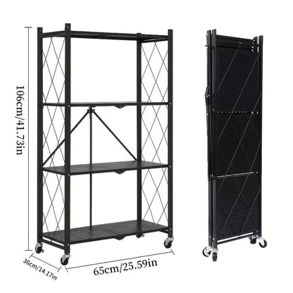 Three-to-Five-Tier Folding Storage Rack with Metal Shelves, Caster Wheels and Black or White Finish