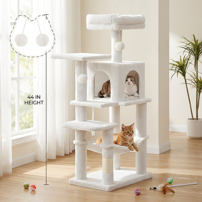 Cat Tree Tower Multi-Level Condo – 44in & 66in with Cozy Cave, Plush Hammock, 4 Sisal Scratching Posts & 2 Perches | Anti-Tilt Stable Cat