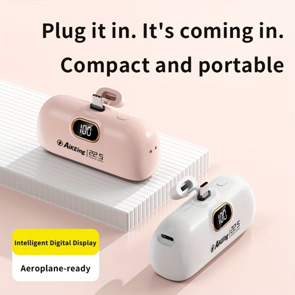 Mini Power Bank 5000mAh with Built-in USB-C Connector Fast Charging, Ultra-Compact Pocket Portable Charger for iPhone Android Samsung