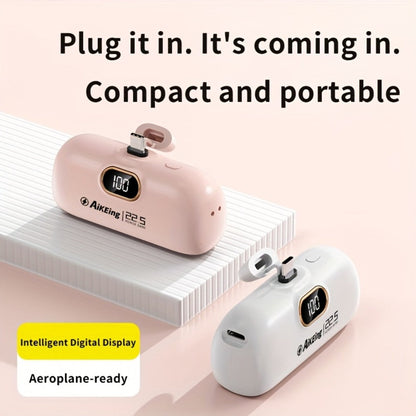 Mini Power Bank 5000mAh with Built-in USB-C Connector Fast Charging, Ultra-Compact Pocket Portable Charger for iPhone Android Samsung