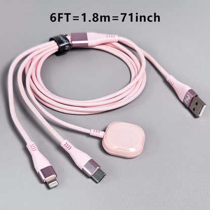 71-Inch Pink Braided Charging Cable with USB-A Input, Lightning, USB-C and Magnetic Watch Pad