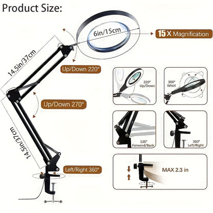 15X Magnifying Lamp with Clamp & Flexible Arm, USB LED Desk Light, 3 Color Modes 10 Brightness Levels