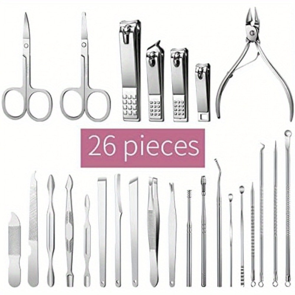 Manicure Pedicure Set 26pcs Pink Stainless Steel – Precision Nail Clippers Cuticle Nipper & Dead Skin Scissors 45° Blade Professional