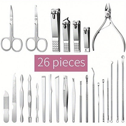 Manicure Pedicure Set 26pcs Pink Stainless Steel – Precision Nail Clippers Cuticle Nipper & Dead Skin Scissors 45° Blade Professional
