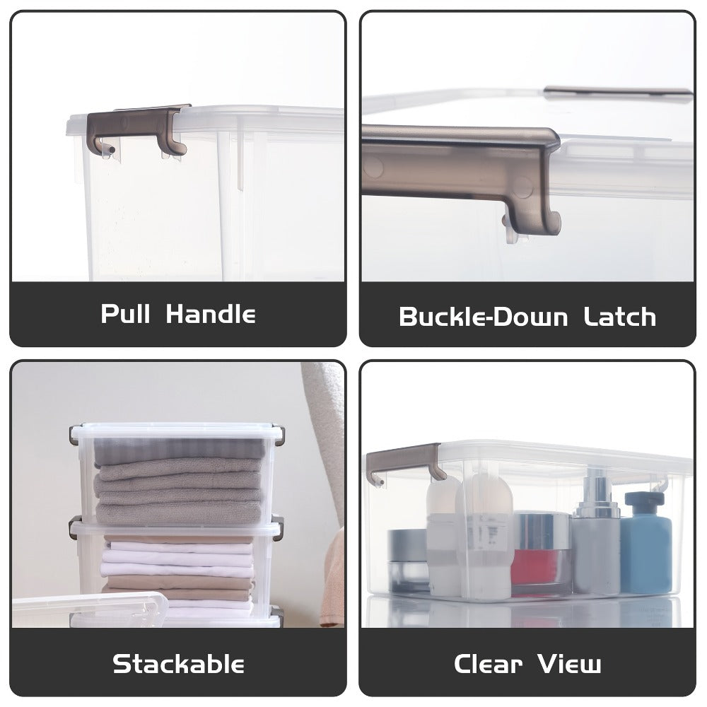 Six-Piece 16.9-Quart Clear Stackable Storage Box Set with Gray Latching Lids and 15.94-Inch Tops