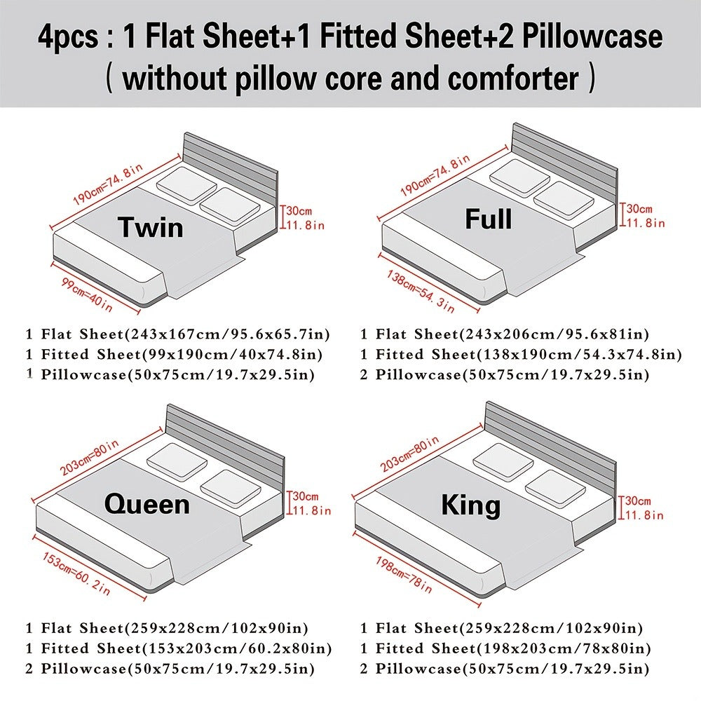 Bed Sheet Set Microfiber with Size-Dependent 3- or 4-Piece Contents, Four Bed Sizes and Eleven Colors