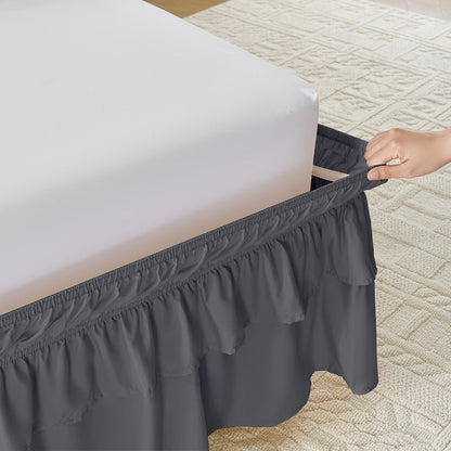 Double Ruffle Bed Skirt 16" Drop, Elastic Wrap Around Dust Ruffle for Twin Full Queen King Bed, Easy Install Linen Poly Blend Bedskirt