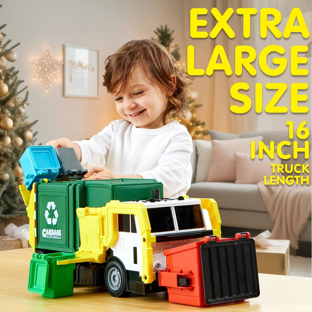 Garbage Truck Toy Set 16-Inch Large Friction-Powered with Lights & Sounds, Color-Coded Trash Bins
