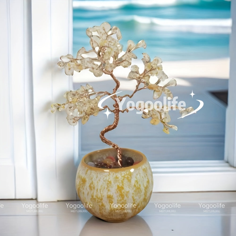 Natural Crystal Gemstone Tree with Ceramic Base 7 Inch Handmade Healing Stone Bonsai Tree for Entryways, Bedrooms and Living Spaces