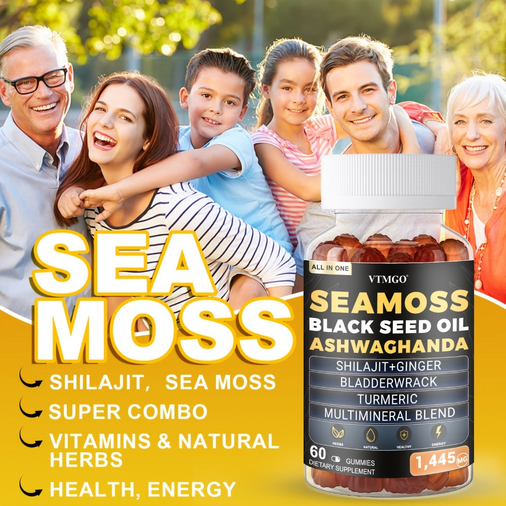 Sea Moss Gummies 1445mg with Shilajit Black Seed Oil Ashwagandha Elderberry Chlorophyll Turmeric Bladderwrack Ginger