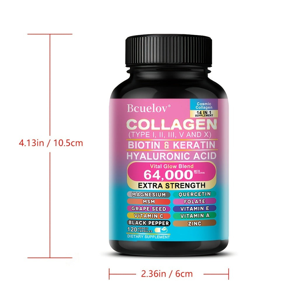 Collagen Capsules Types I II III V X with Biotin Keratin Hyaluronic Acid, Supports Skin Elasticity Hair Growth & Nail Strength