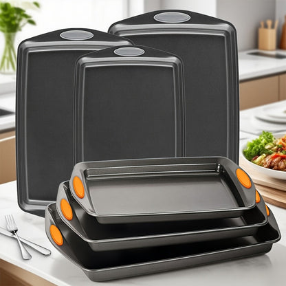 Nonstick Baking Sheet Set with Silicone Handles, Carbon Steel Cookie Sheet Pan Set in Assorted Sizes