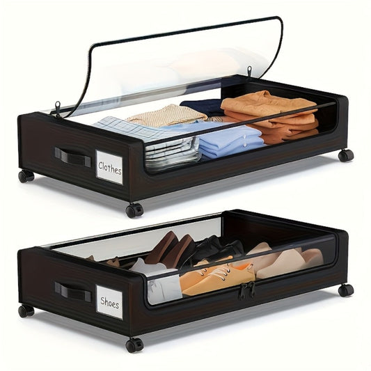 Rolling Fabric Under-Bed Storage Bins with Clear Zip Covers, Label Windows and Black or Gray Sets