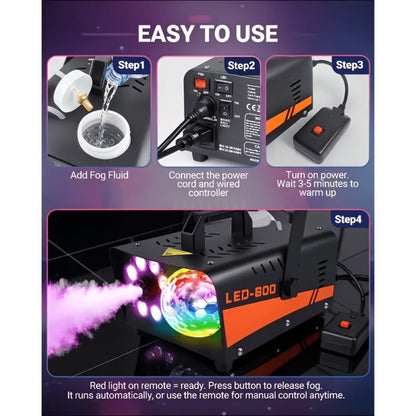 Fog Machine 600W with Disco Ball LED Lights, 3000 CFM Smoke Machine with 13 Colorful LED Effects & Wireless Remote