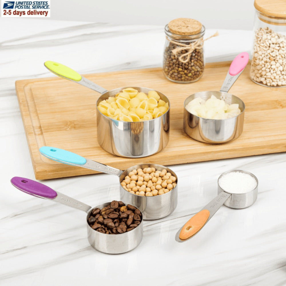 Stainless Steel Measuring Cups and Spoons Set 5pcs with Silicone Handle – Baking & Cooking Kitchen Measurement Tools