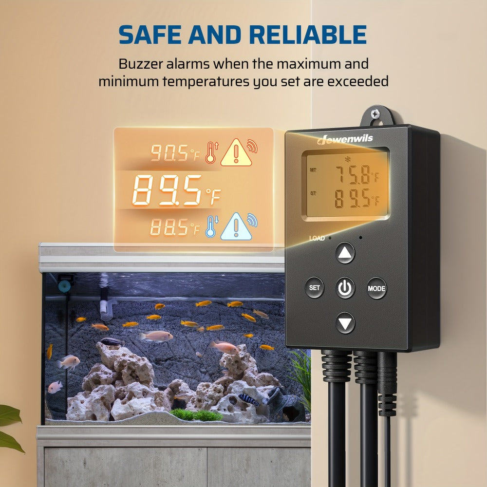 Digital Temperature Controller Thermostat Outlet Heating Cooling Mode 14°F-140°F LCD Display Buzzer for Garden, Patio and Yard Use