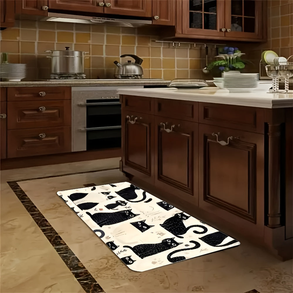 Black-and-White Cat Kitchen Floor Mat with Playful Pattern in 20 x 31 or 23.6 x 35.4-Inch Sizes