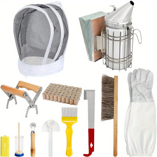 12-Piece Beekeeping Starter Kit with Veil, Gloves, Bee Smoker, Brush, Frame Grip and Hive Tools