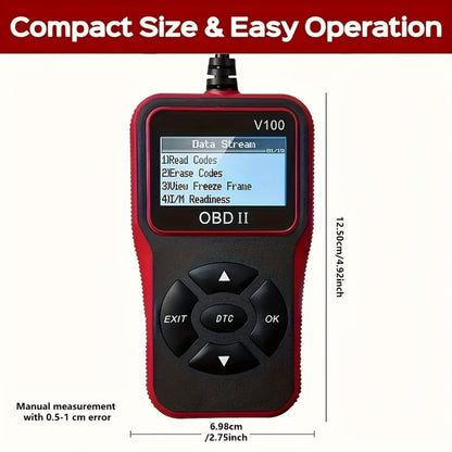 V100 OBD2 Scanner with Four-Line Menu, 12.4 x 7cm Body, Tethered 16-Pin Plug and Four Color Options