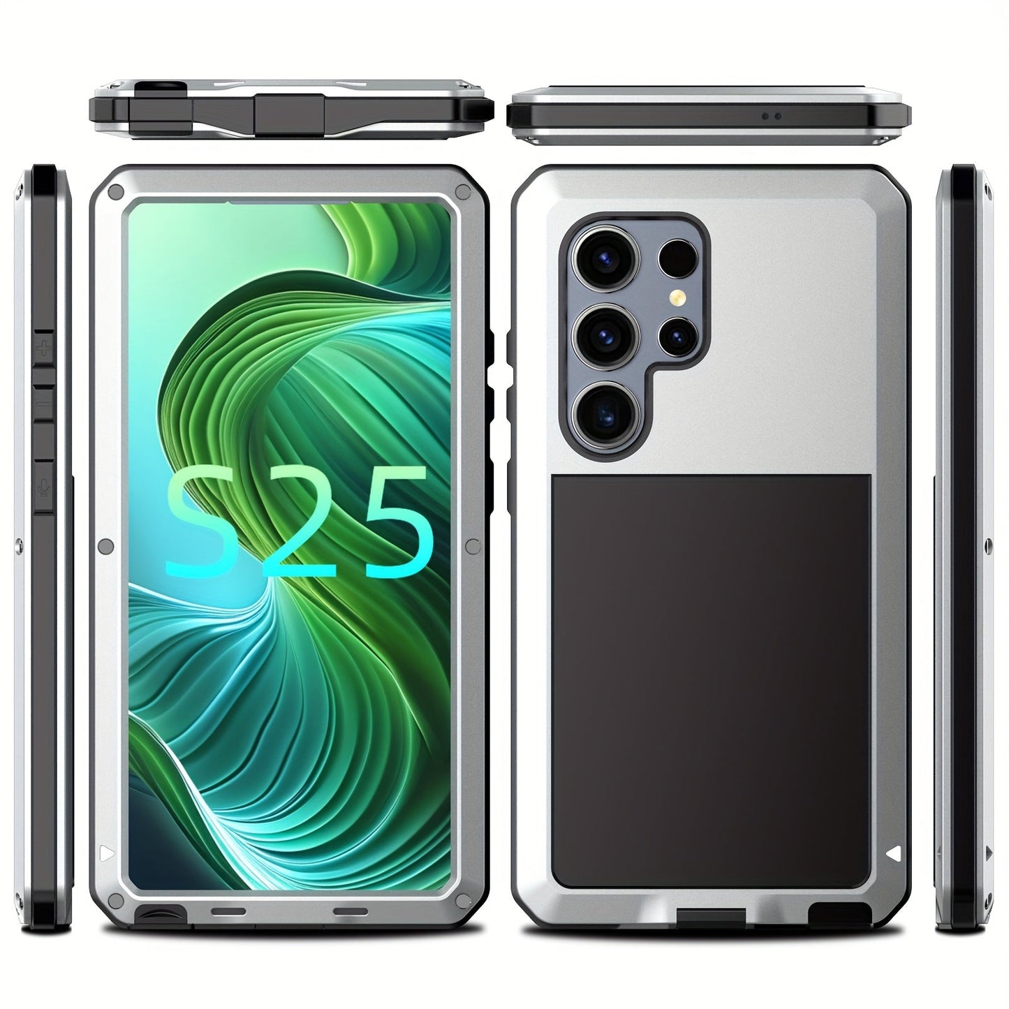 Phone Case with Metal Frame, Integrated Glass Screen Protector and S Pen Opening for Select Galaxy S23-S25 Models