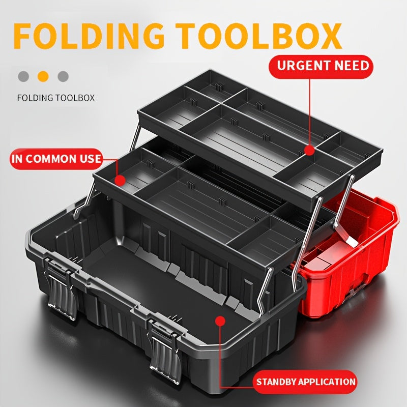 Portable Toolbox Organizer with Tray & Dividers – 17/21 Inch Heavy-Duty 3-Layer Folding Tool Storage Box for Home, Garage & Workshop