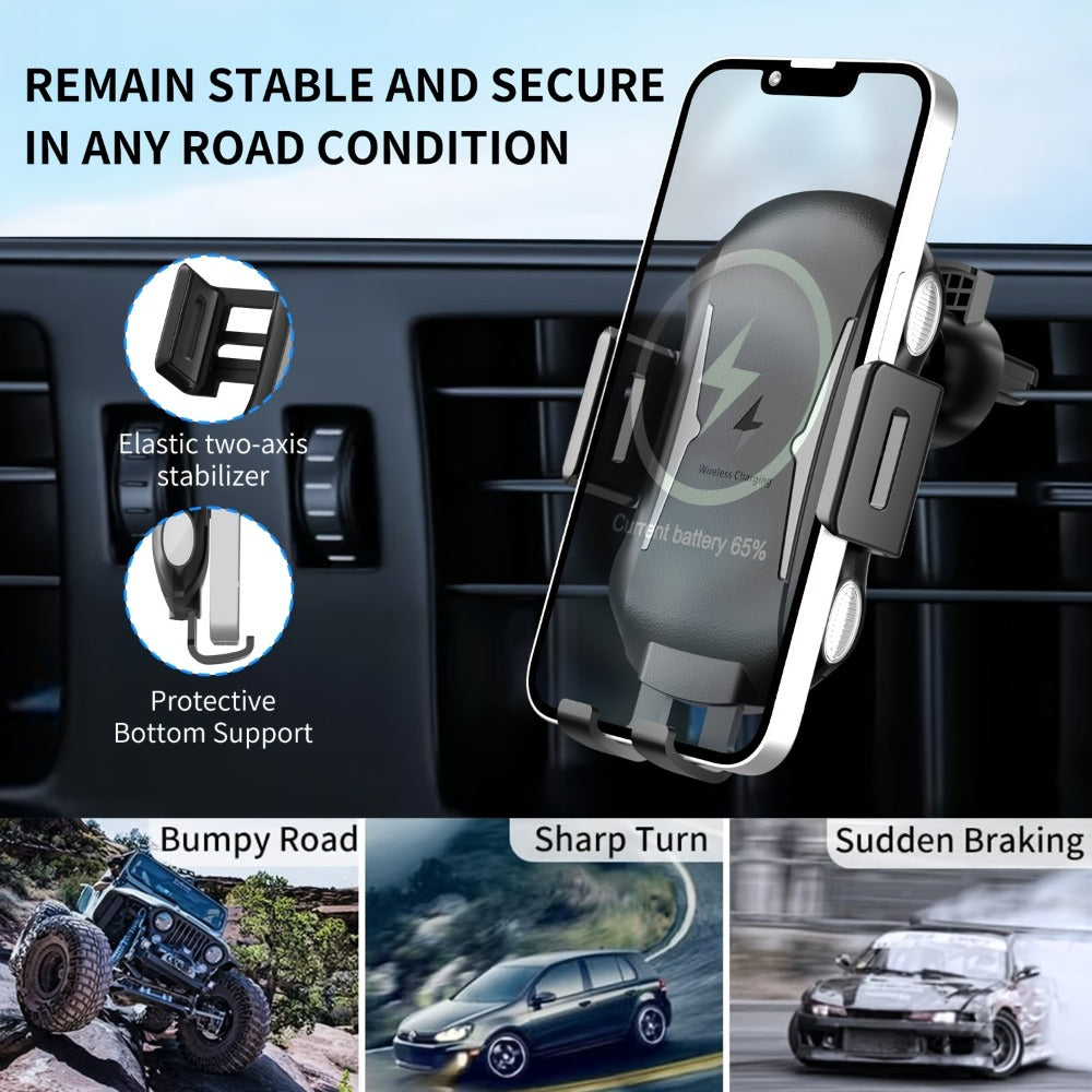 10W Auto-Sensing Car Phone Mount with Wireless Charging Clamp, Vent Clip and Suction-Style Base