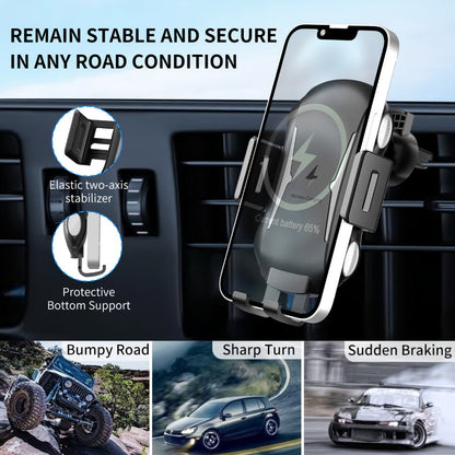 10W Auto-Sensing Car Phone Mount with Wireless Charging Clamp, Vent Clip and Suction-Style Base