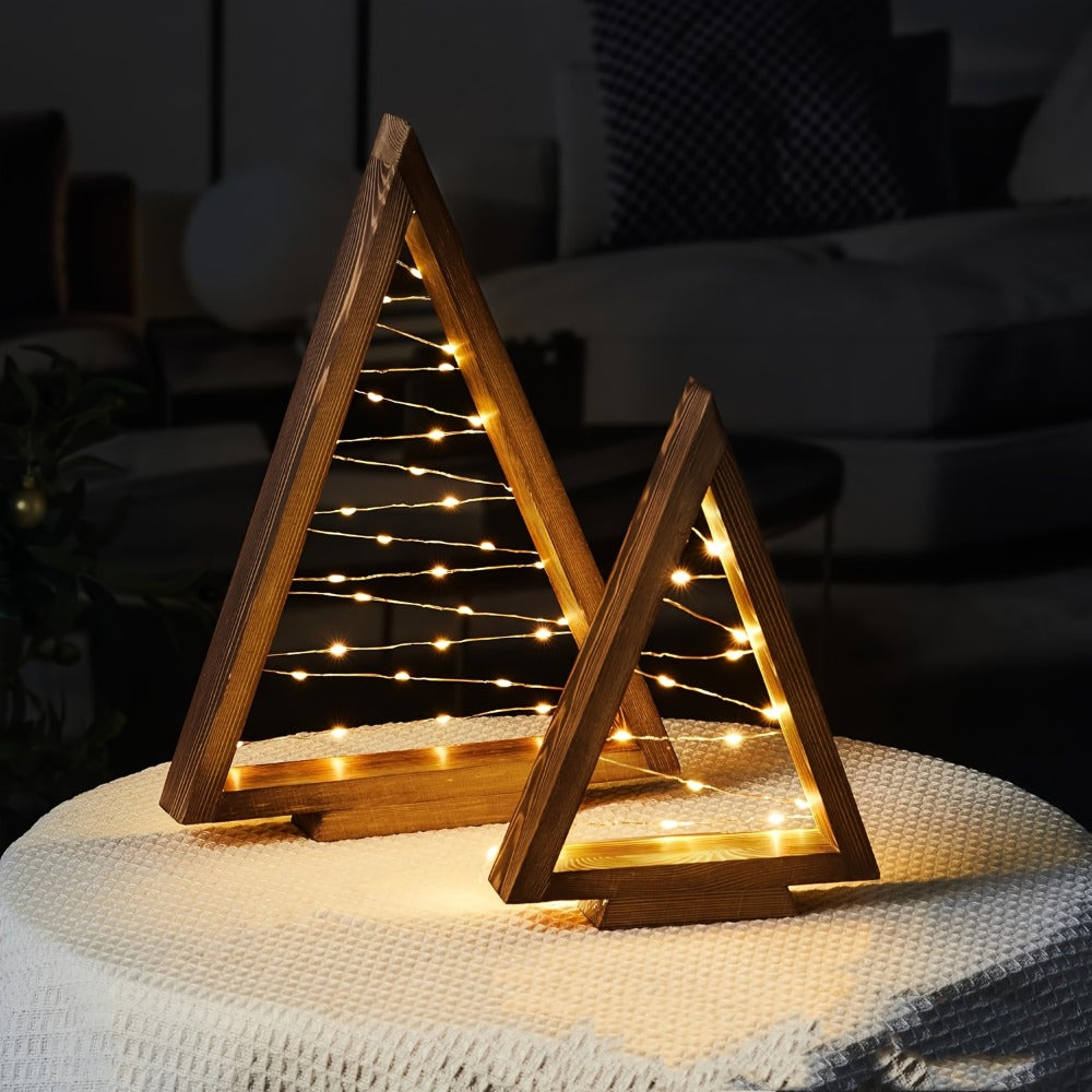 Wooden Light-Up Desktop Christmas Trees USB Powered - Mini Lighted Wood Tree Set for Holiday Decoration