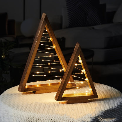 Wooden Light-Up Desktop Christmas Trees USB Powered - Mini Lighted Wood Tree Set for Holiday Decoration
