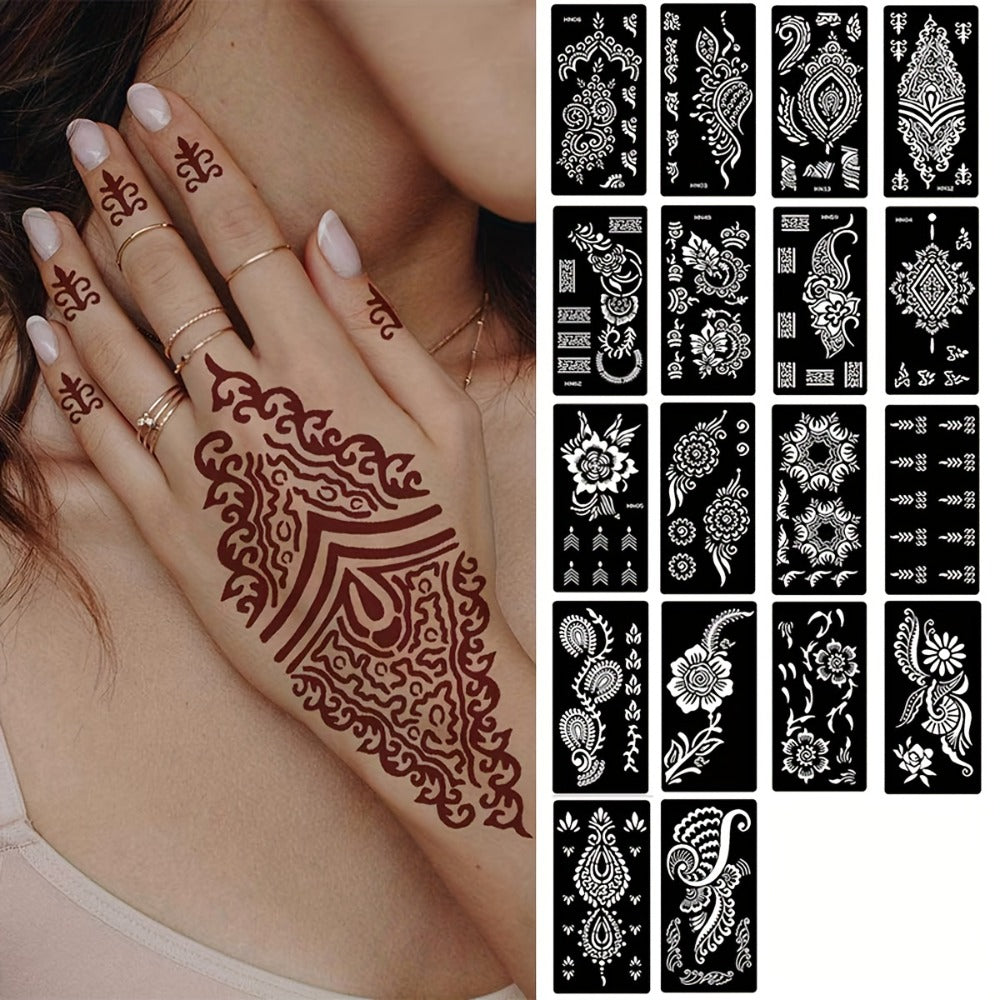 Nine-Sheet Reusable Tattoo Stencil Set with Long Floral and Henna-Style Pattern Cards in HN1 or HN2