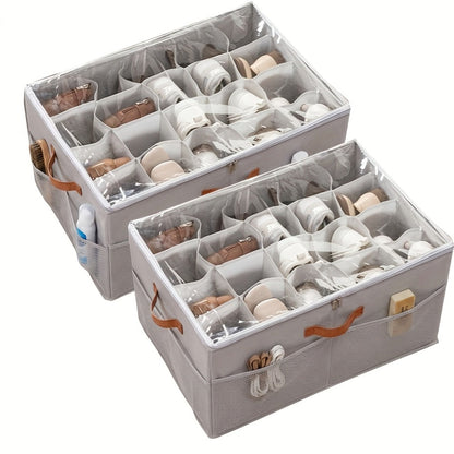 Sixteen-Compartment Foldable Shoe Storage Box with Flip-Top Cover, Side Handles and One- or Two-Piece Sets