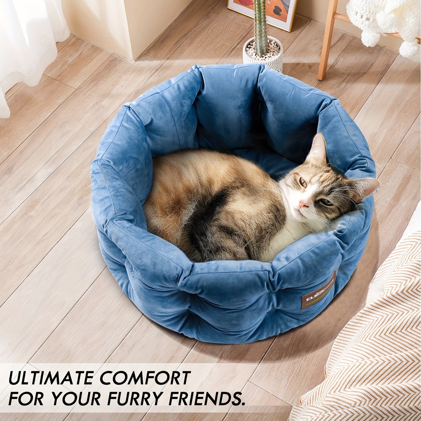 Cat Bed Round Deep Nest for Indoor Cats up to 15lbs, Luxurious Velvet Feel Extra High Sides, Machine Washable Non-Slip Bottom