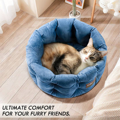 Cat Bed Round Deep Nest for Indoor Cats up to 15lbs, Luxurious Velvet Feel Extra High Sides, Machine Washable Non-Slip Bottom