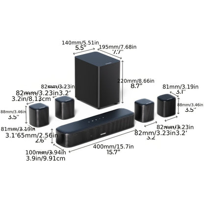 5.1 Surround Sound Bar System with Wired Subwoofer 2 Surround Speakers App Control for Bedside Audio, Alarms and Room Entertainment