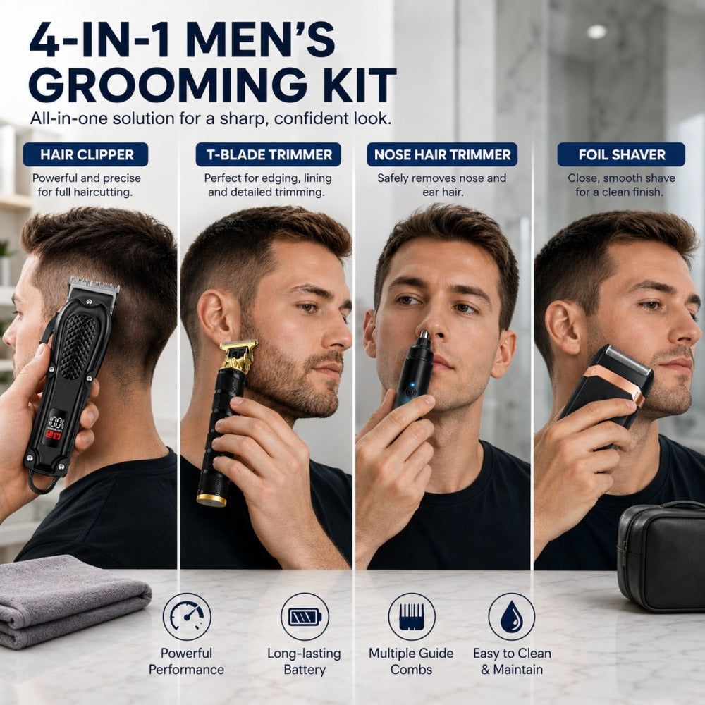 Electric Grooming Kit for Men with LCD Display – Cordless Rechargeable Hair Clipper & Trimmer Set, Home Travel & Car Use