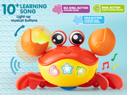 Musical Crawling Crab Toy with Light-Up Buttons, Moving Claws and Obstacle-Avoiding Motion