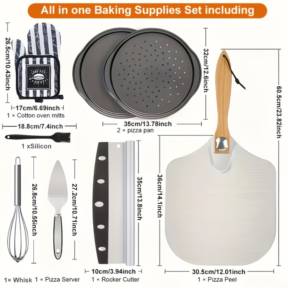 Pizza Making Set with Pizza Peel, Nonstick Pizza Pan, Perforated Pan, Pizza Cutter, Oven Mitts, Pie Server & Basting Brush