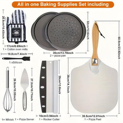 Pizza Making Set with Pizza Peel, Nonstick Pizza Pan, Perforated Pan, Pizza Cutter, Oven Mitts, Pie Server & Basting Brush