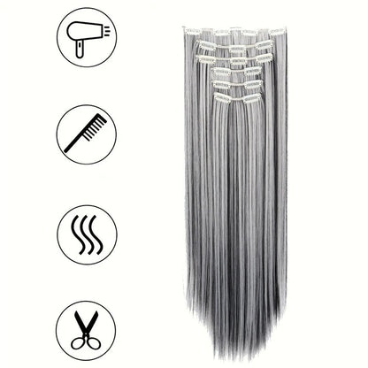 Space Gray Clip In Hair Extensions 6 Piece Set 24 Inch Heat Resistant Synthetic Fiber – Instant Length & Volume for Women | Daily Wear
