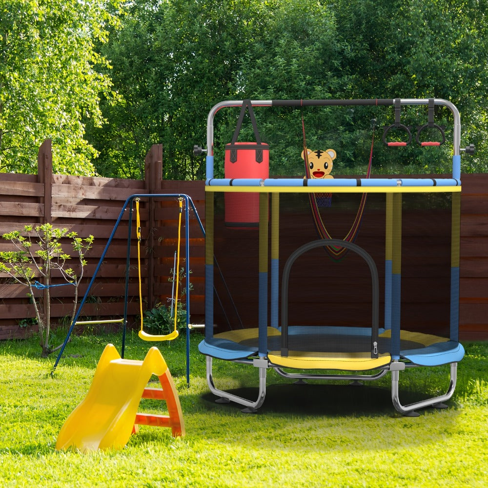 Kids Trampoline with Enclosure and Gymnastics Bar, 60" Height Adjustable Safety Net Trampoline for Toddlers Ages 3+