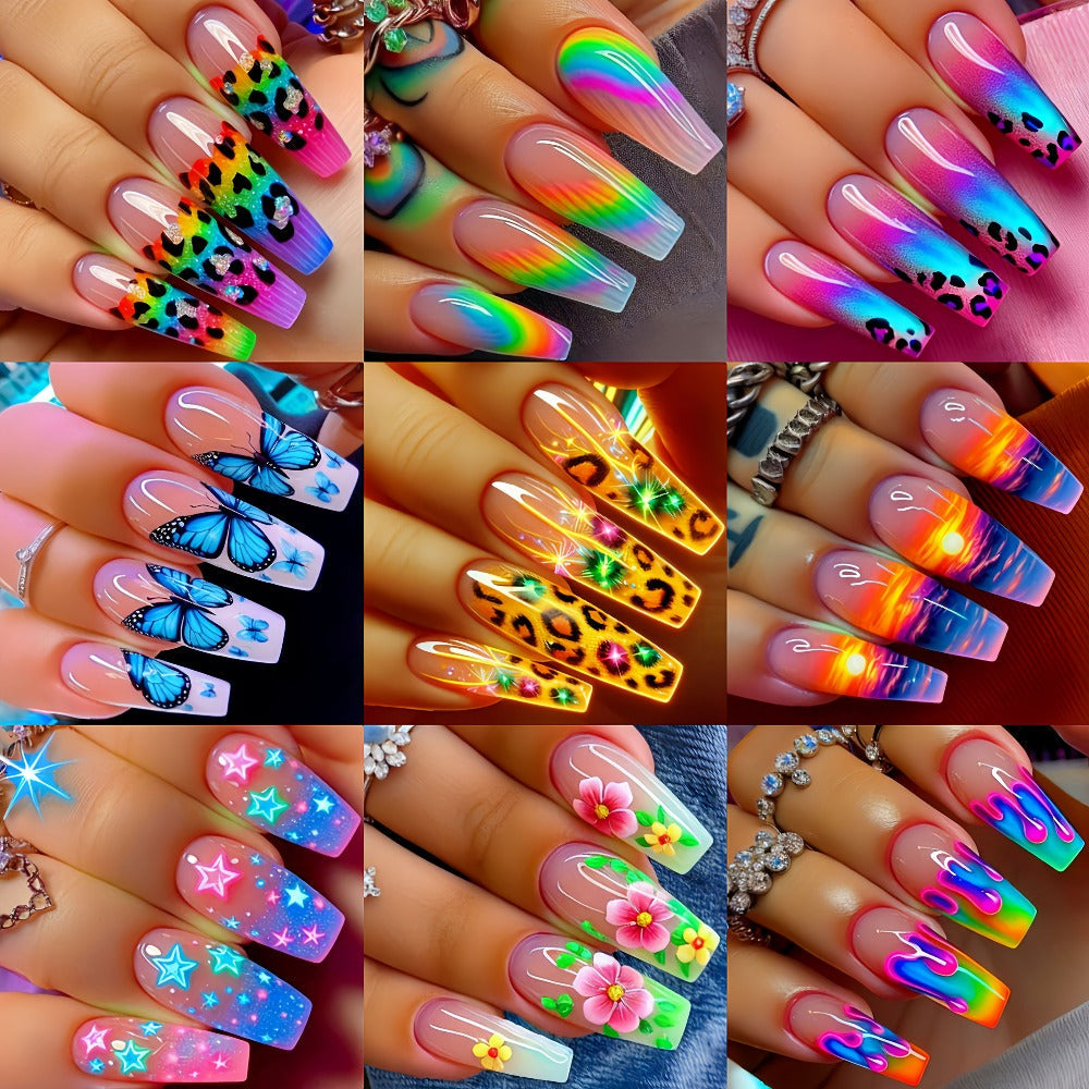 Nail Stickers for Long Nails 216 Pieces 9 Packs Glossy Removable Full Cover Nail Art Decals Wraps with Ballet Leopard Floral Butterfly