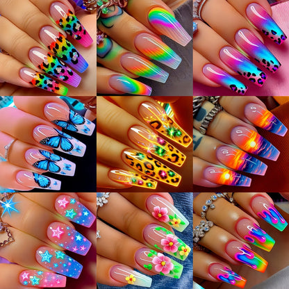 Nail Stickers for Long Nails 216 Pieces 9 Packs Glossy Removable Full Cover Nail Art Decals Wraps with Ballet Leopard Floral Butterfly
