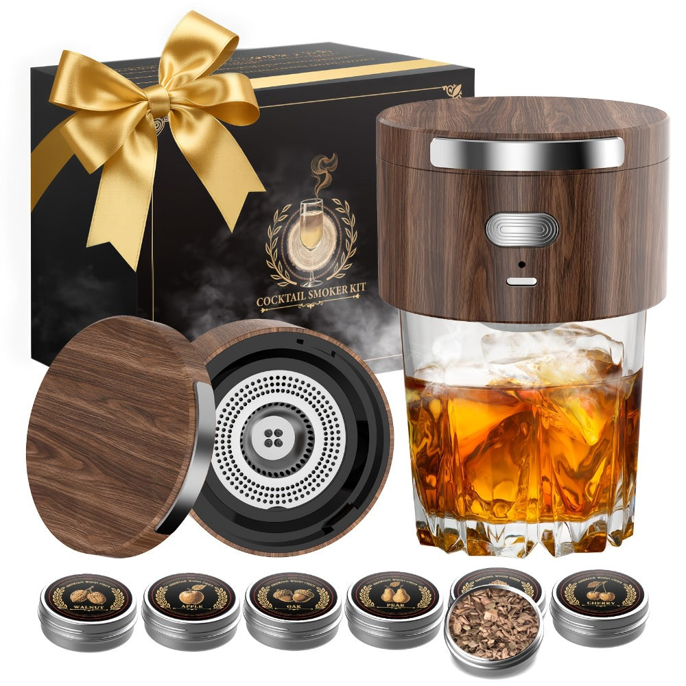 Electric Cocktail Smoker Kit with 6 Wood Chips, Flame-Free USB Rechargeable Whiskey Smoker for Tumblers & Wine Glasses