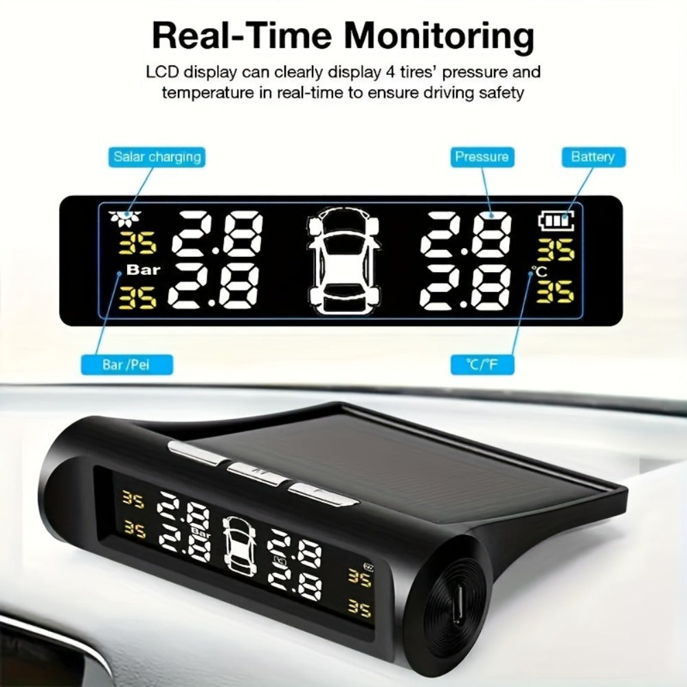 TPMS Tire Pressure Monitor Solar & USB Powered – Real-Time LCD Display, 6-Mode Auto Alarm, Windshield Mount, Day & Night Readable